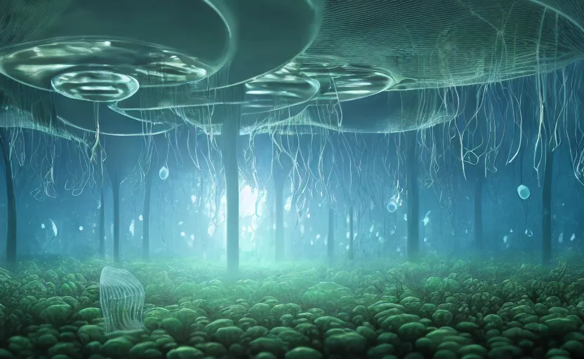 Prompt: A forest city inside of a jellyfish underwater. Fantasy. light fixtures. 8K. detailed. photorealism. artstation. 25mm f/1.7 ASPH Lens. ultra realistic