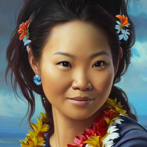 Image similar to portrait of a hawaiian woman ( 3 5 ) from hawaii in 2 0 2 1, an oil painting by ross tran and thomas kincade