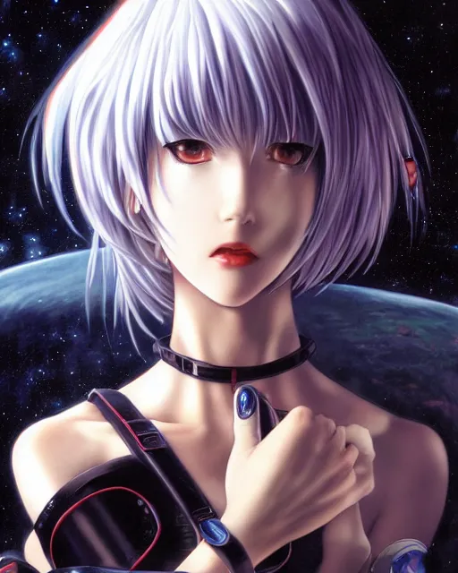 Image similar to rei ayanami by noriyoshi ohrai, hd, hyper detailed, dark, sky, half moon, dark atmosphere, 4 k