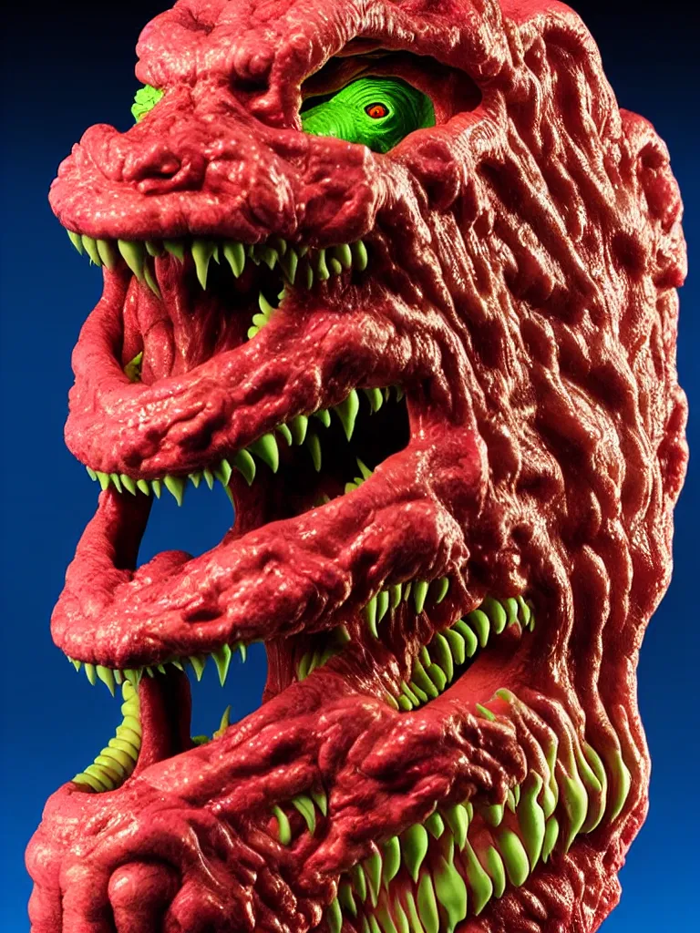 Image similar to hyperrealistic rendering, fat smooth wet cronenberg flesh monster smooth kaiju by art of skinner and richard corben and jeff easley, product photography, action figure, sofubi, studio lighting, colored gels