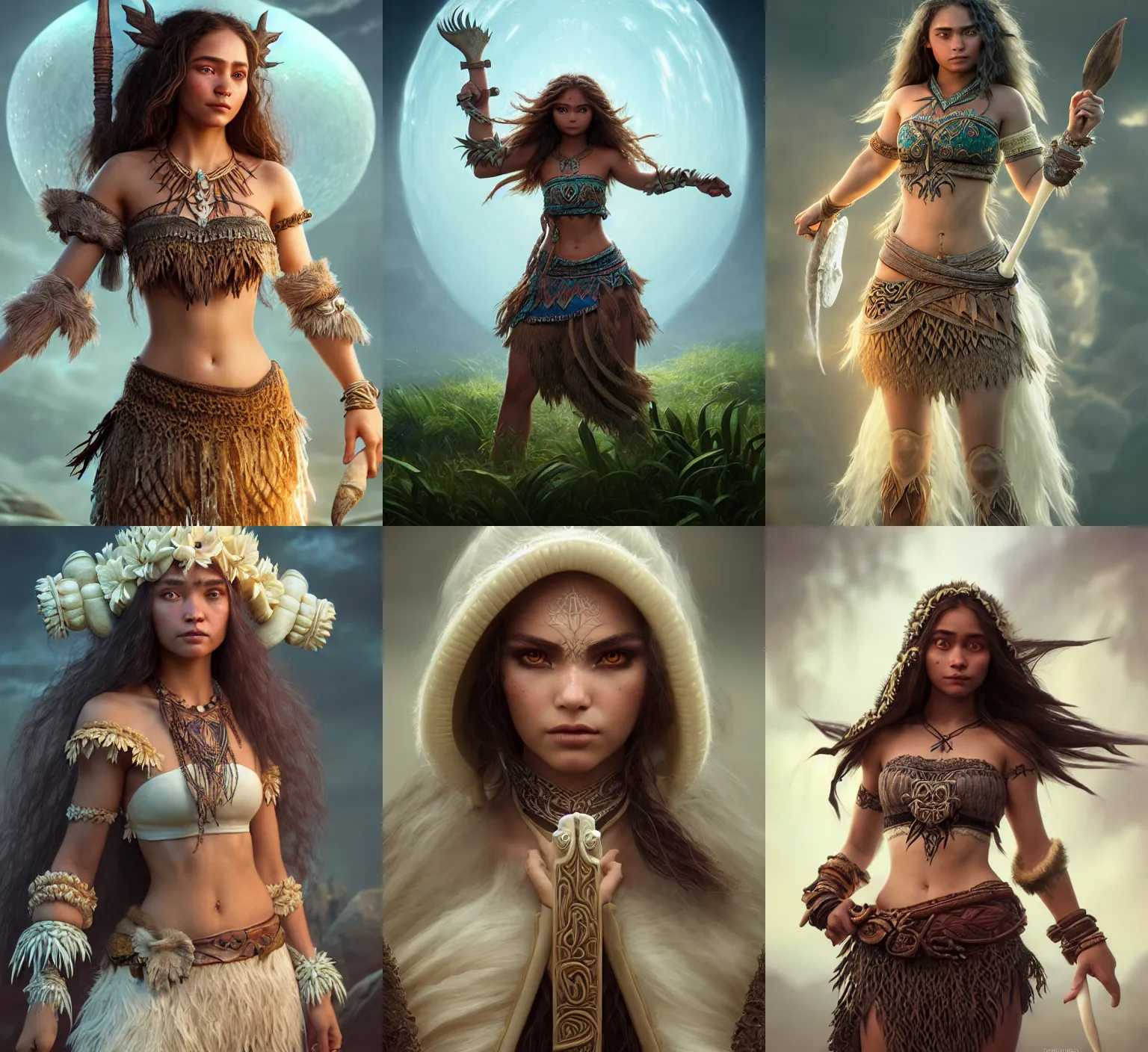 Prompt: ultrarealistic fantasy portrait mage moana fighting, long ivory hair ivory eyes wearing ivory carved bone mantle gothic ivory bone cloak with intricate details, bone plants, fantasy character octane render, substance painter, cinematic lighting, volumetric lighting, artstation, dnd art, cgsociety, sharp focus, digital painting by artgerm, gerald brom, wlop