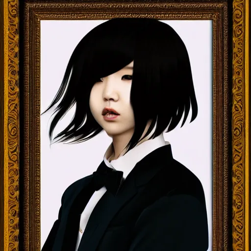 Image similar to portrait of a beautiful korean girl wearing a men's tuxedo, with long hair and bangs, angular features, angry expression, digital art, elegant pose, detailed illustration