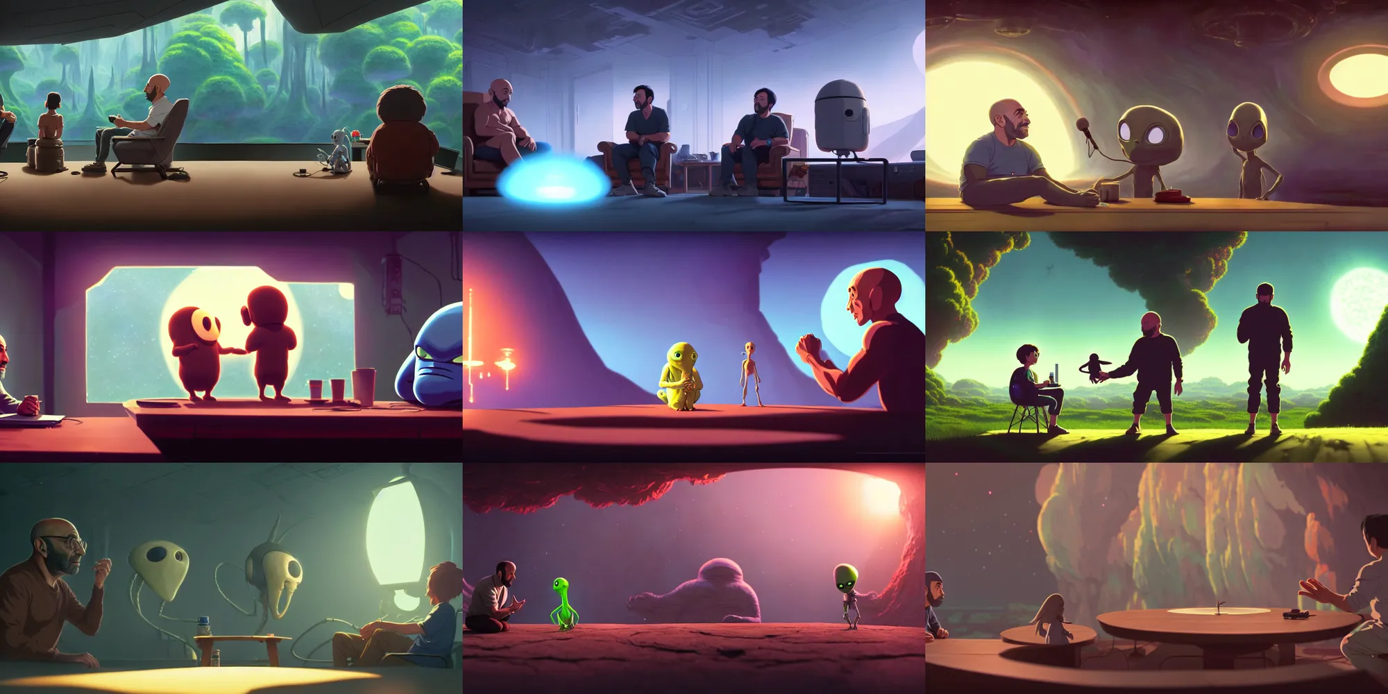 Prompt: a wholesome animation key shot of joe rogan interviewing an alien on dmt, medium shot, studio ghibli, pixar and disney animation, sharp, rendered in unreal engine 5, anime key art by greg rutkowski, bloom, dramatic lighting