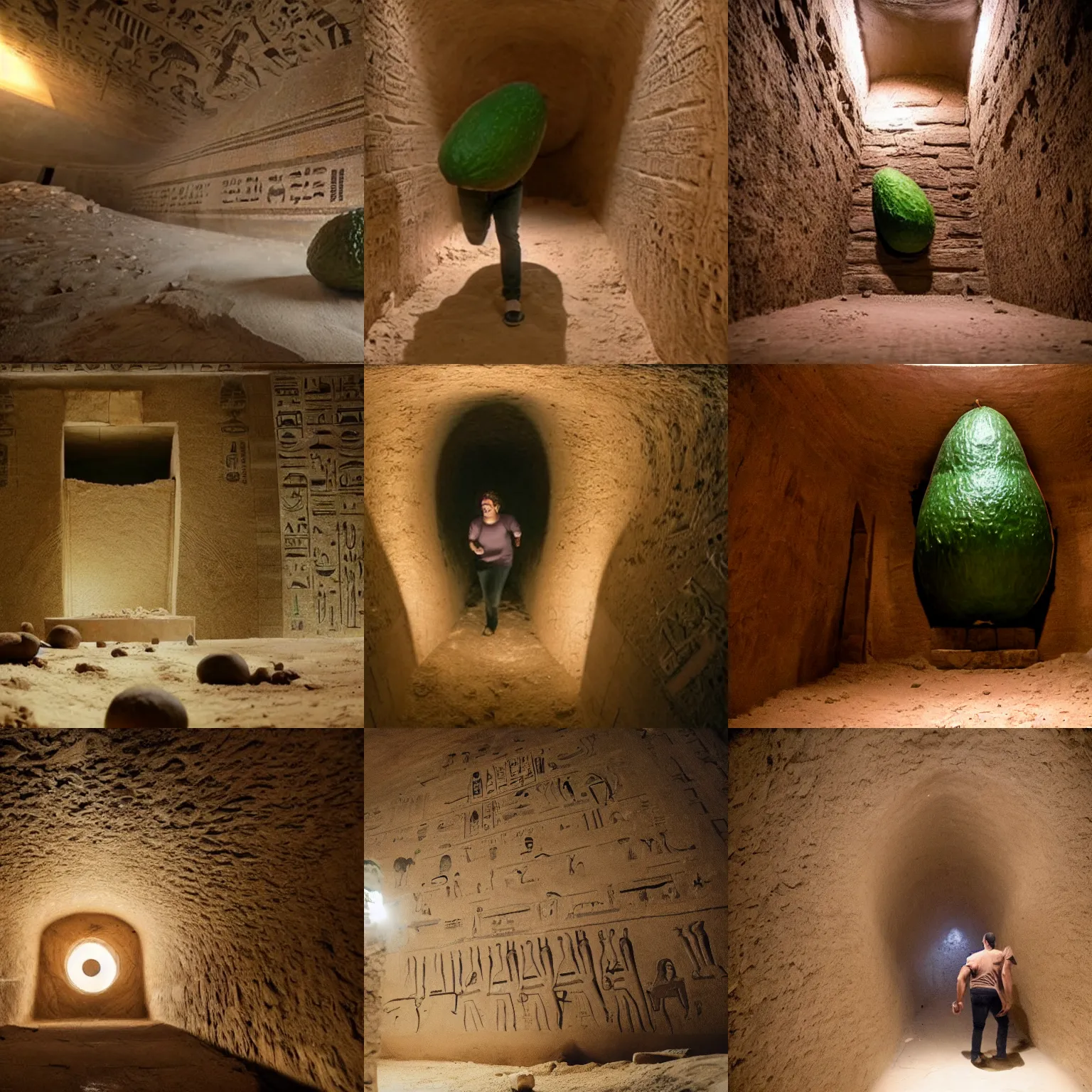 Prompt: giant avocado chases indiana in huge dusty egyptian tomb, perfectly lit. movie still