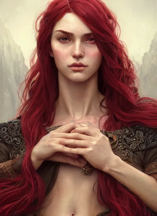 Image similar to vertical portrait of a ruggedly handsome female cleric, soft hair, close - up face, leather, witchy, d & d, fantasy, intricate, elegant, highly detailed, digital painting, artstation, concept art, smooth, sharp focus, illustration, art by artgerm and greg rutkowski and alphonse mucha, plain red background