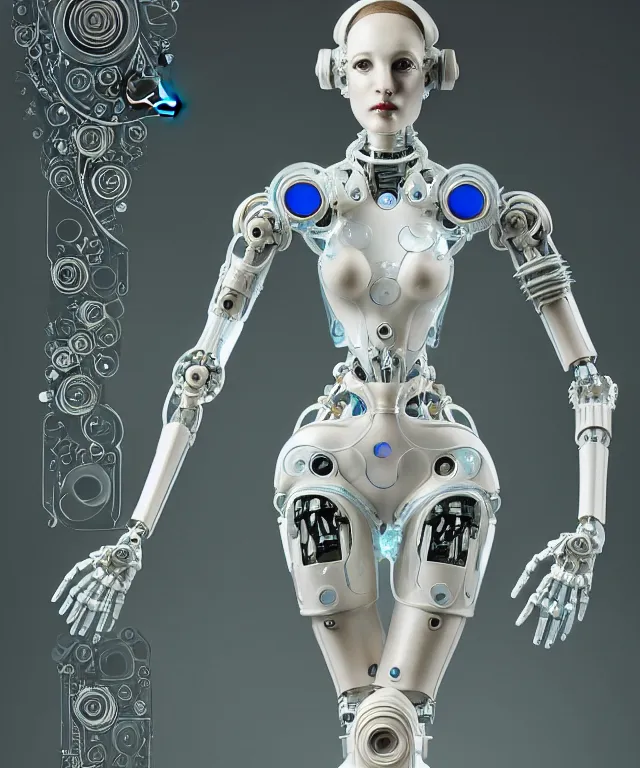 Image similar to beautiful cybernetic art nouveau robot, beautiful art nouveau porcelain face + body is clear plastic, inside organic robotic tubes and parts, front facing, wearing translucent baroque rain - jacket + symmetrical composition + intricate details, hyperrealism, wet, reflections + by alfonse mucha and moebius, no blur dof bokeh