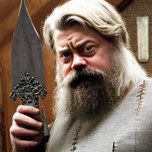 Image similar to ron swanson is a white haired, bearded dwarven cleric carrying a holy symbol in his right hand and a holy sword in his left hand