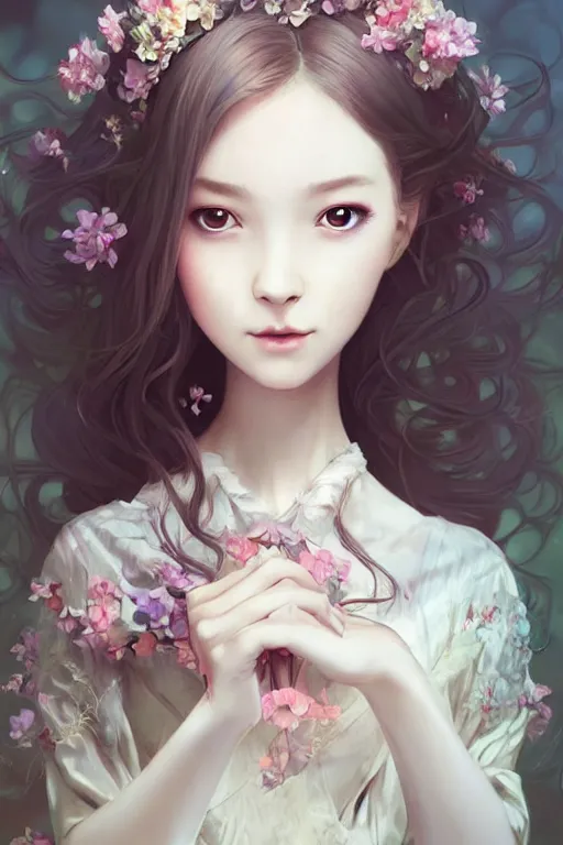 Image similar to romantic and fashion and love princess of the flower with sheath dress, 8 k realistic, teenager girl, baroque, symmetrical, flowing hair, smile, trending pinterest and pixiv, muted colors, hyperrealistic, l close up shot, character concept art, face by kyoung hwan kim, alexandra fomina, ilya kuvshinov