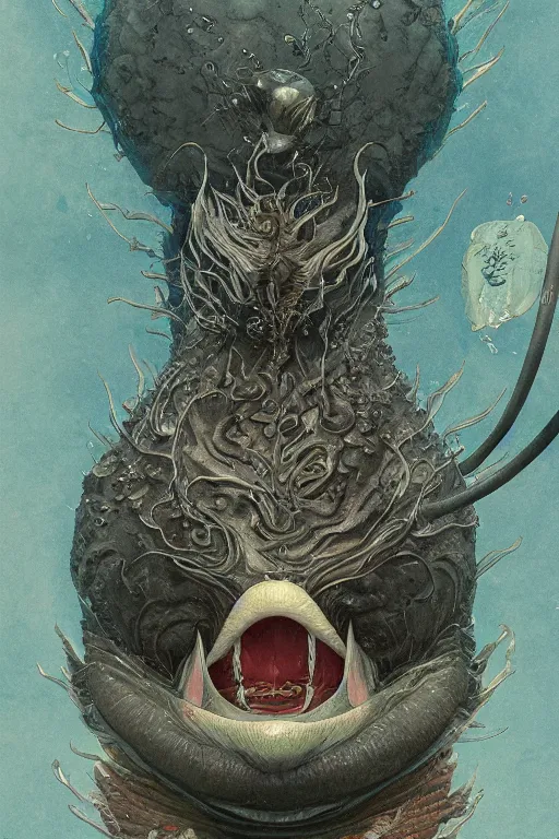 Prompt: a portrait of a deep sea japanese devil animal illustrated by miyazaki by karol bak, james jean, tom bagshaw, rococo, sharp focus, trending on artstation, cinematic lighting, hyper realism, octane render, 8 k, hyper detailed, vivid, ultra detailed, highly detailed