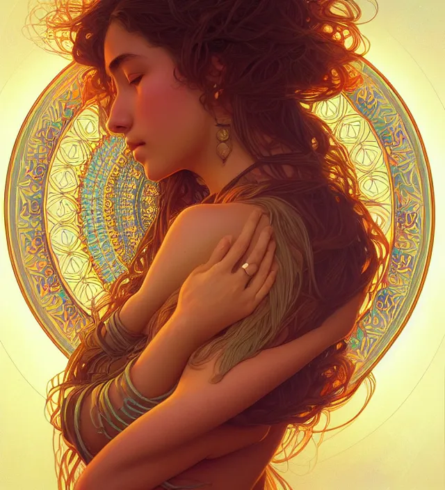 Prompt: symmetry!! portrait of hippie girl, glowing skin mandala!! serene, intricate, elegant, highly detailed, digital painting, artstation, concept art, smooth, sharp focus, illustration, art by artgerm and greg rutkowski and alphonse mucha, 8 k