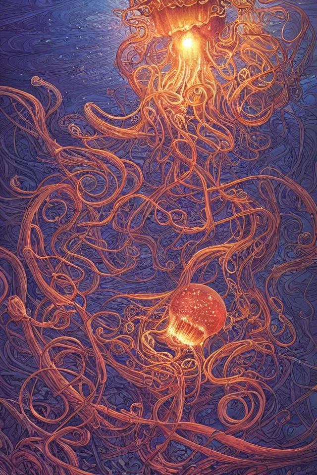 Image similar to a beautiful hyperrealistic ultradetailed comic cover art of gigantic glowing complex multi-layered intricate jellyfish creatures with long flowing tendrils, by Justin Gerard and Laurie Greasley and Peter Mohrbacher and Dan Mumford, tarot card art, detailed shading, micro details, dramatic lighting, volumetric lighting, 8k