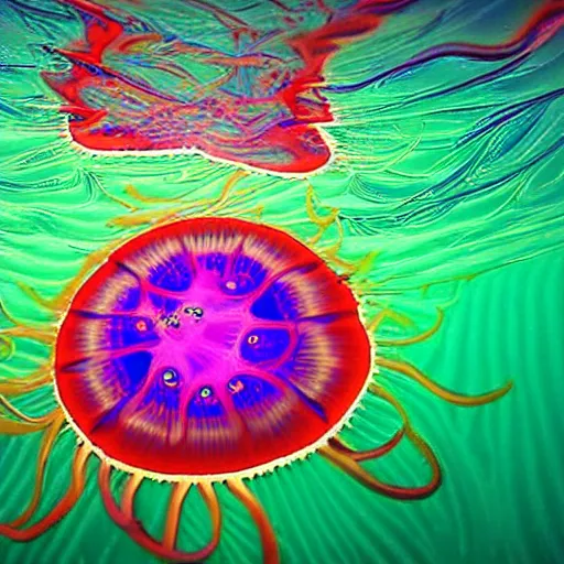 Prompt: psychedelic electric jelly fish floating in the water