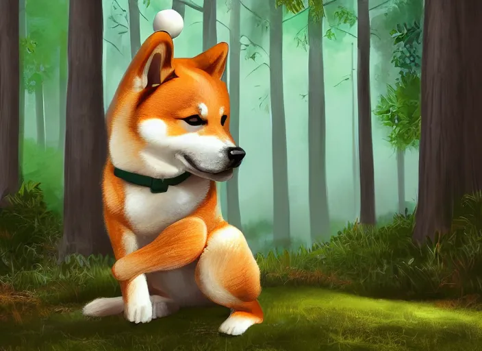 Prompt: digital art of a bodybuilder shiba inu holding a baseball bat in the forest. Dof. Highly detailed 8k, fantasy