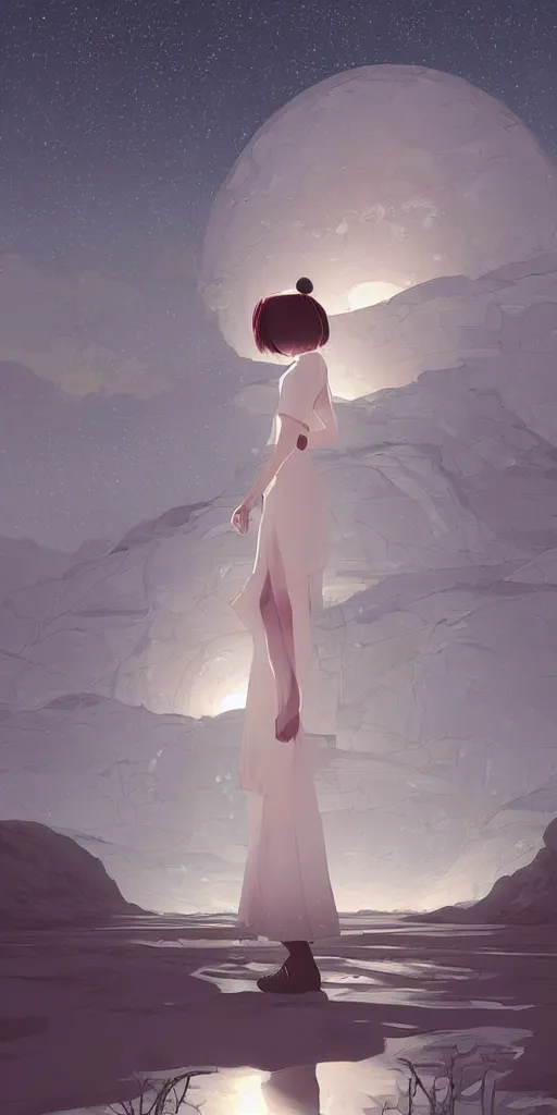 Image similar to ilya kuvshinov illustration of a white bioremediation architecute in the desert filled with stars at night, hazy and misty, magical feeling, uhd, high detail, by ilya kuvshinov