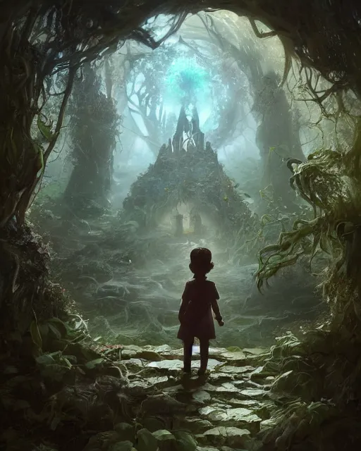 Prompt: a child looking at a dimensional portal in the hidden garden, scare, environment art, fantasy art, landscape art, in the style of greg rutkowski, illustration, epic, fantasy, intricate, hyper detailed, artstation, concept art, smooth, sharp focus, ray tracing