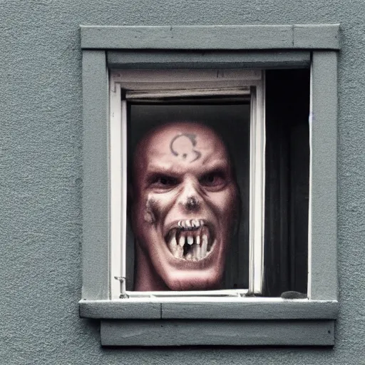 Image similar to a threateningly ominous smile from a window, far away