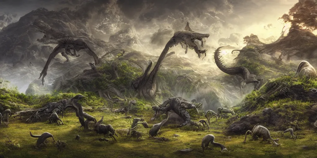 Image similar to landscape image with various different alien animals, extremely detailed digital matte painting