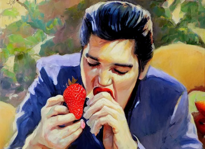 Prompt: a highly detailed beautiful portrait of elvis presley eating strawberry, by gregory manchess, james gurney, james jean