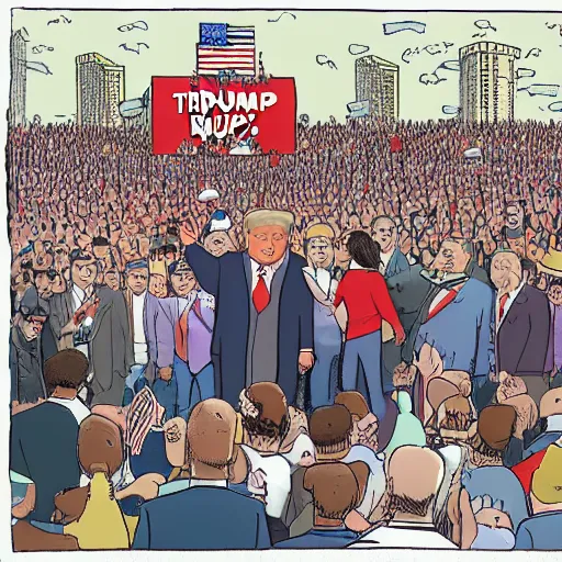 Image similar to enoumous crowd of millions of people, everyone is laughing and pointing at donald trump standing on a podium with no pants. style of the far side.