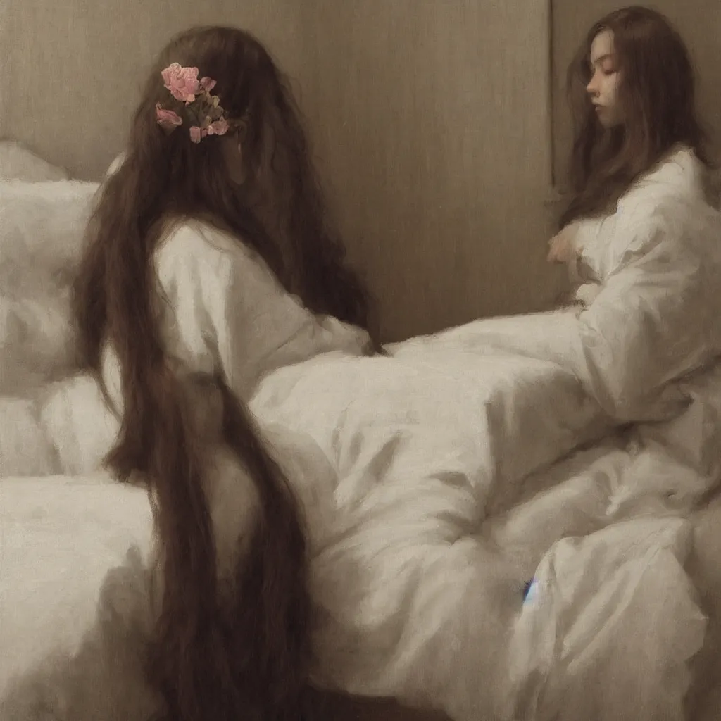 Image similar to girl with long wavy hair, in kimono, backview, sitting on edge of bed, by jeremy lipking, serge marshennikov, joseph todorovitch