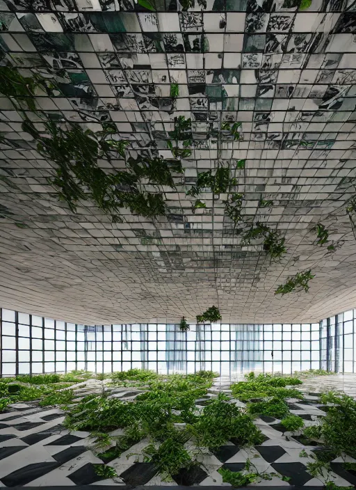 Image similar to “derelict architecture single building , the floor are checkered with plants around the building, building designed by architect Oscar Niemeyer, architecture digest, building surrounded in a luxury environment, bright tones, fluorescent lighting,volumetric Lighting, photorealism, high detail, golden ratio, cinematic, octane renderer”