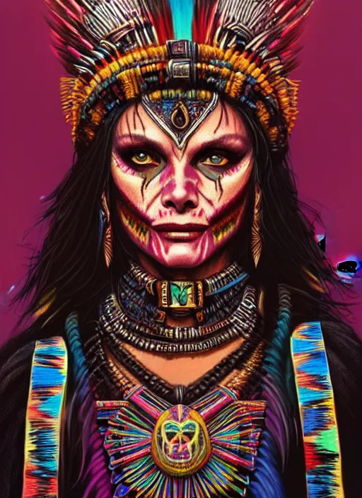 Image similar to portrait of michelle pfeiffer, hyper detailed ultra sharp aztec shaman warrior. trending on artstation, warpaint aesthetic, bloodwave, colorful, psychedelic, ornate, intricate, digital painting, concept art, smooth, sharp focus, illustration, art by artgerm and greg rutkowski and h. r. giger, 8 k