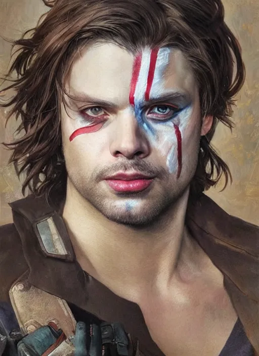 Prompt: sebastian stan as bucky barnes with his face painted. face painting of flowers. beautiful highly detailed face. painting by artgerm and greg rutkowski and alphonse mucha.