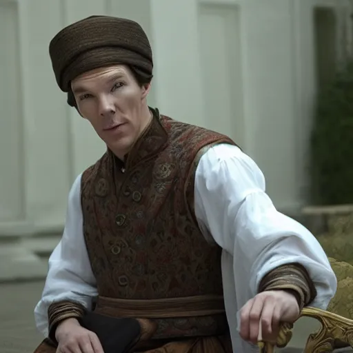 Prompt: Film still of Benedict Cumberbatch, dressed in vyshyvanka, by Stanley Artgerm Lau