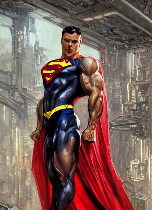 Image similar to portrait of crossfit bodybuilder fitness sprinter superman!, futuristic detailed ornate cyberpunk costume!, red and black costume!!!, pale skin!, no logo!!!, painted art by tsuyoshi nagano, greg rutkowski, artgerm, alphonse mucha, spike painting