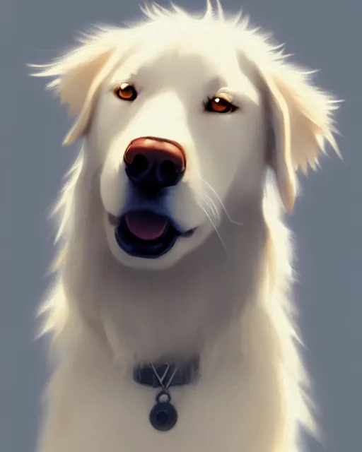 Image similar to character concept art of an anime white golden retriver | | cute - face, fine details by stanley artgerm lau, wlop, rossdraws, james jean, andrei riabovitchev, marc simonetti, and sakimichan, tranding on artstation