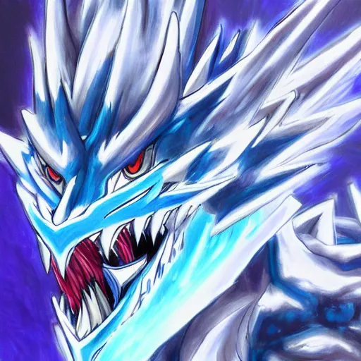 Prompt: Trending on artstation, Blue-Eyes White Dragon from Yu-Gi-Oh, in the style of Kazuki Takahashi, oil on canvas