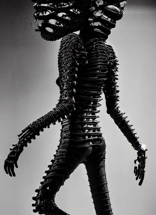 Image similar to walking down the catwalk, steven klein, show, stage, vogue photo, podium, fashion show photo, iris van herpen, beautiful woman, perfect body, full body shot, helmet on face, masterpiece, plant predator, guyver, jellyfish, biomechanical details, movie still, fauvism, cinestill, bokeh, gelios lens