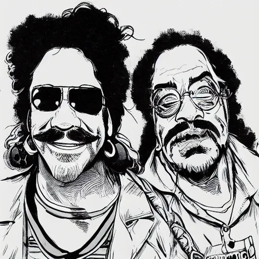 Image similar to portrait of cheech and chong as portrayed in up in smoke, concept art, sumi - e style, intricate linework, artstation, trending, highly detailed, smooth, focus, art by yoji shinkawa,