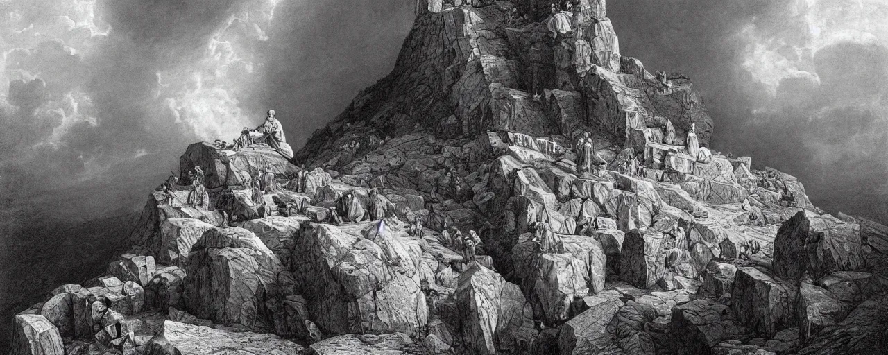 Image similar to medium shot of moses on top of a mountain holding up in the air two stone tablets, people below the mountain looking at him, photorealistic, highly detailed, texture, soft light, dramatic, moody, ambient, painting by gustave dore