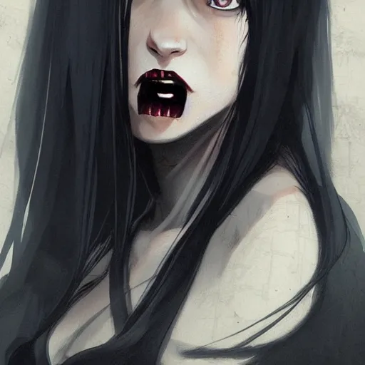 Image similar to female human vampire witch in the style of greg rutkowski, makoto shinkai, trending on artstation, character design, concept art, pretty face, highly detailed, long black hair, portrait, digital art