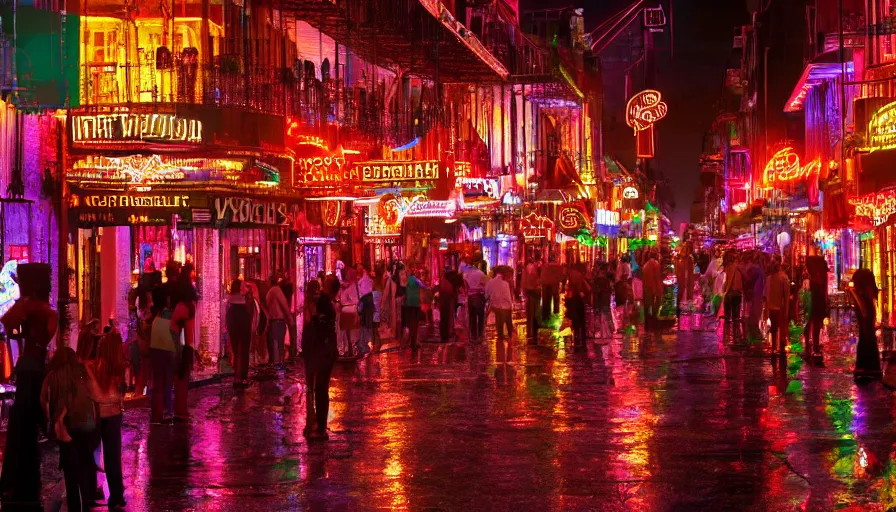 Image similar to crowded neo - gothic bourbon street with color lights, neons, fanfare, hyperdetailed, artstation, cgsociety, 8 k