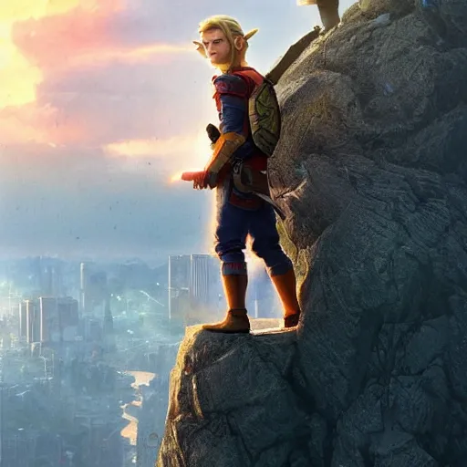 Image similar to Link The movie,live action,played by Tom Holland, blonde hair,standing on top of a rock looking a a decimated city,detailed 8k,in the style of a movie poster,close up,by rossdraws and greg rutkowski