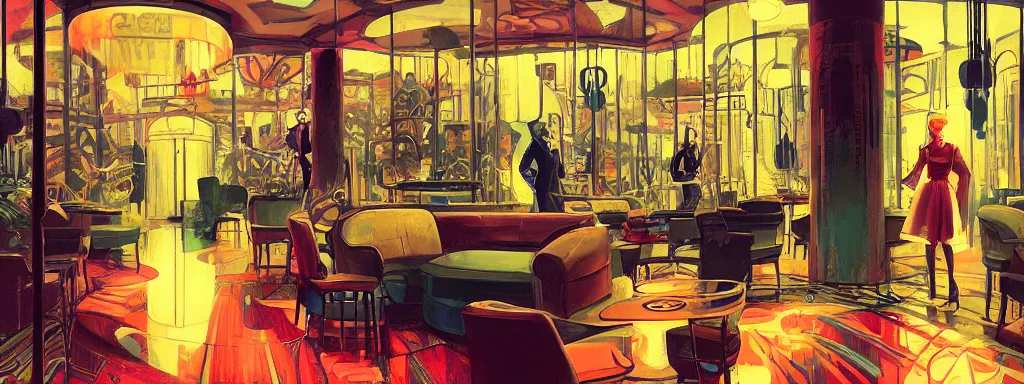 Prompt: concept art, crowded retro - futurist speakeasy, reflections, dark moody lighting, designer furniture, high ceiling, 6 0 s colour palette, beautiful plants, colourful flowers, floor lamps, multi - level, bladerunner, james jean, syd mead, akihiko yoshida, cinematic