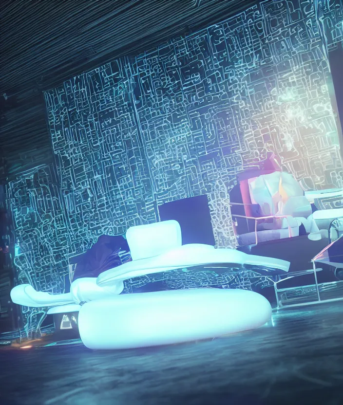 Prompt: japanese model cybernetic sofa with digital led skin, neon lighting, techno neon projector background, promotional photo, intricate details, ultra realistic, unreal engine 5, depth of field, bokeh, octane render