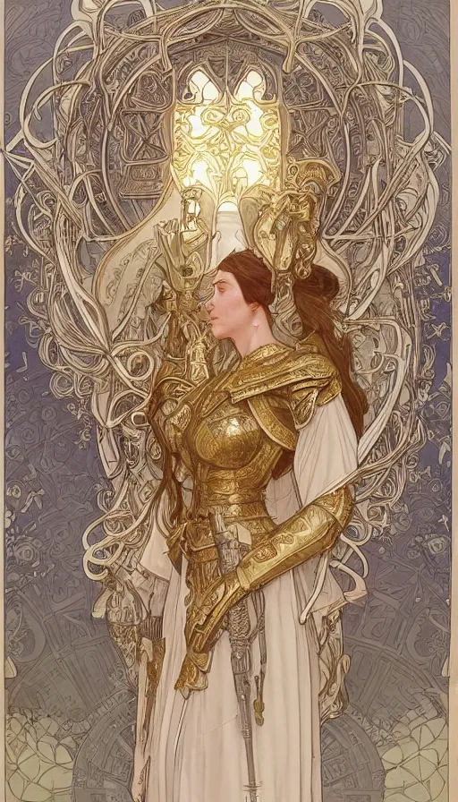 Image similar to soldiers in white armor, highly detailed, very intricate, art nouveau, gold filigree, left right symmetry, tarot concept art watercolor illustration by mandy jurgens and alphonse mucha and alena aenami, featured on artstation