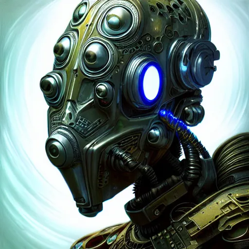 Image similar to low angle shot of a cyberpunk gazmask robot character made of fractal, intricate, elegant, highly detailed, centered, digital painting, artstation, concept art, smooth, sharp focus, illustration, artgerm, Tomasz Alen Kopera, Peter Mohrbacher, donato giancola, Joseph Christian Leyendecker, WLOP, Boris Vallejo