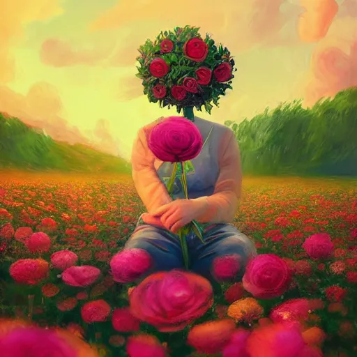 Image similar to giant rose flower head, full body girl sitting in a flower field, surreal photography, sunrise, dramatic light, impressionist painting, colorful clouds, digital painting, artstation, simon stalenhag