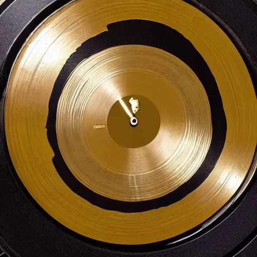 Prompt: a golden record on a black desk,