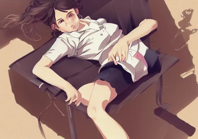 Image similar to A girl with short brown hair, wearing a white blouse, laying on a beach chair, drawn by WLOP, by Avetetsuya Studios, attractive character, colored sketch anime manga panel, trending on Artstation