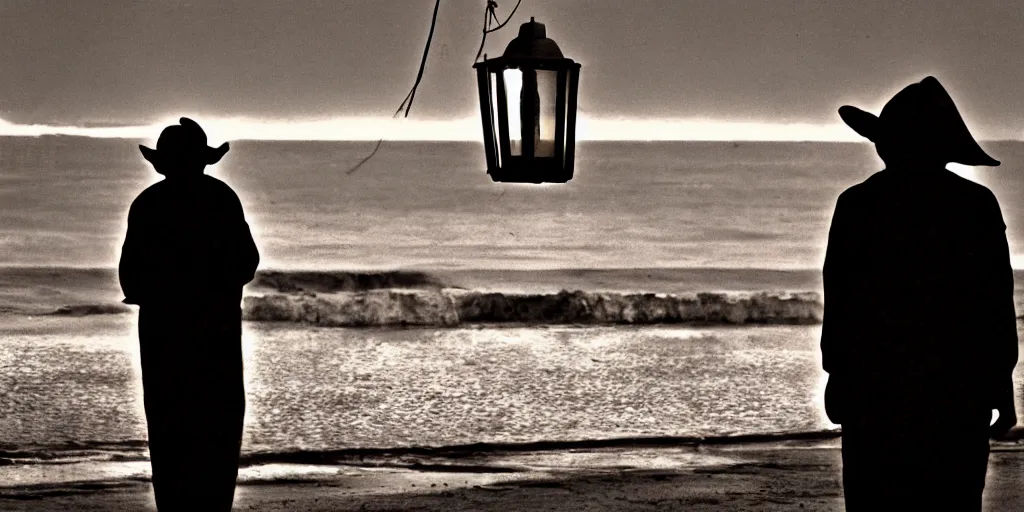 Image similar to film still of closeup old man holding up lantern by his beach hut at night. pirate ship in the ocean by emmanuel lubezki