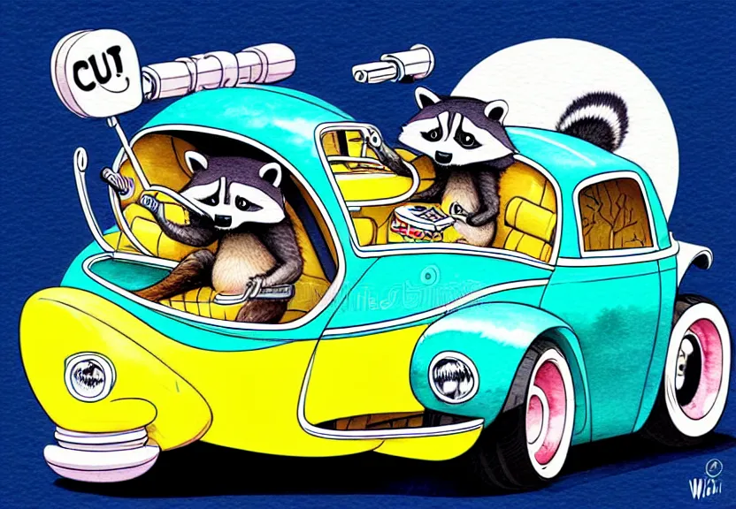 Image similar to cute and funny, racoon riding in a tiny hot rod coupe with oversized engine, ratfink style by ed roth, centered award winning watercolor pen illustration, isometric illustration by chihiro iwasaki, edited by range murata