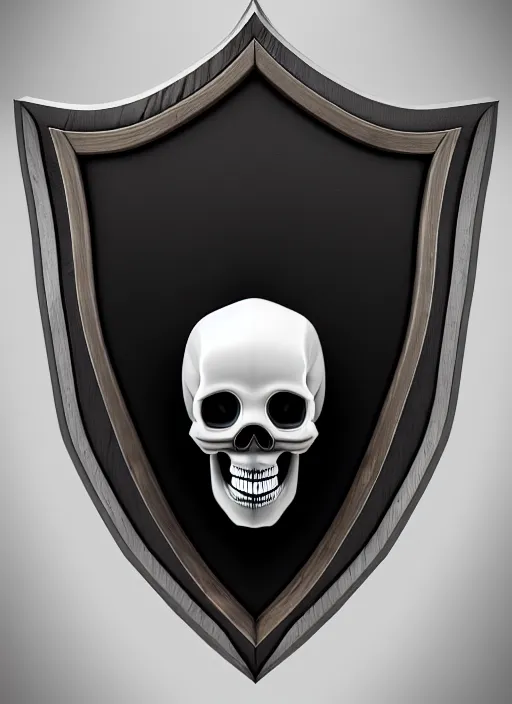 Prompt: black background, a beautiful symmetrical skull on a wooden shield, front facing view, mirrored, ornamental art, octane render, royal shield