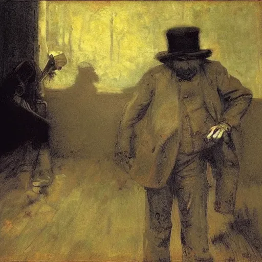 Image similar to A diphenhydramine trip, hat man, spiders, shadows, dark mood, by Ilya Repin