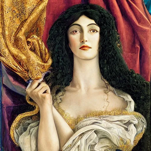 Image similar to oil painting of Queen of Ecstasy, Hungarian, curly dark hair, fair skin, veil by Georgia o Keeffe, by Marcel Jankowicz, by Botticelli, by Gustave Moreau,minimalist