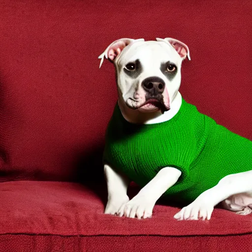 Image similar to American Staffordshire terrier sitting on a sofa wearing a green sweater, 8k, hdr